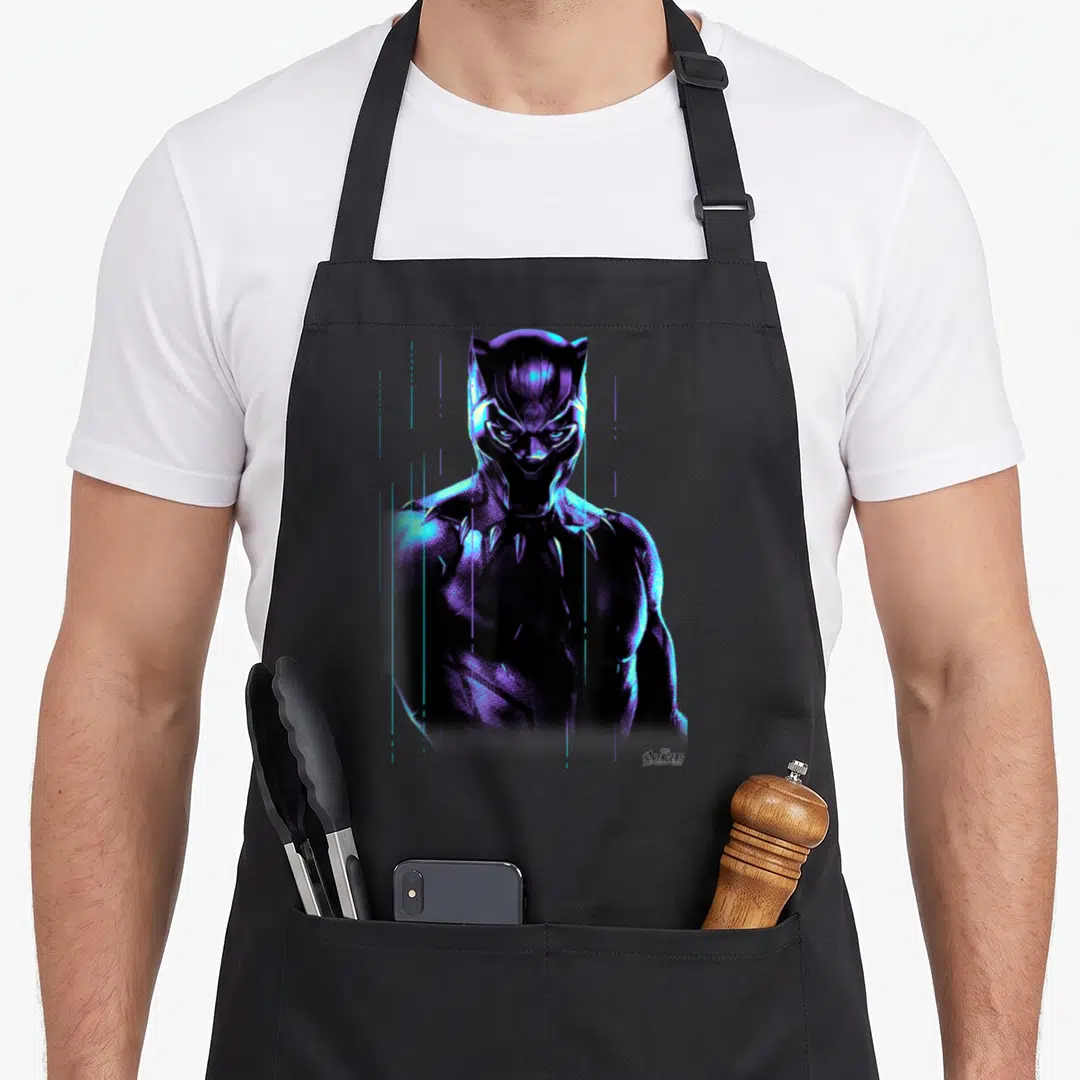 Neon infinity apron - Black Panther portrait with vertical blue and purple light streaks in photo style — shown on a black cotton canvas apron against a white background