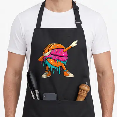 Basketball drip dabbing ice cream apron - Cartoon hybrid basketball donut character with outstretched arms in orange — shown on a black cotton canvas apron against a white background