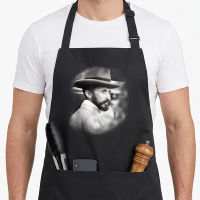 Selassie face apron - Grayscale photo of bearded man in hat on black apron — shown on a black cotton canvas apron against a white background
