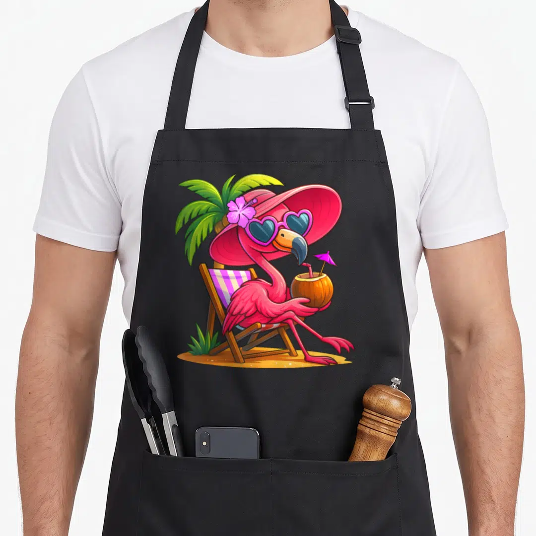 Vacation pink flamingo apron - Cartoon pink flamingo in beach chair with sunglasses, coconut drink, and palm tree — shown on a black cotton canvas apron against a white background