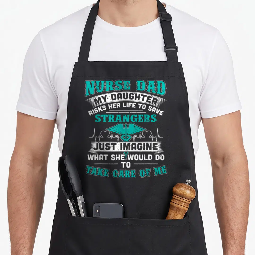Daughter nurses apron - Nurse Dad text, teal caduceus, white heartbeat line, distressed style — shown on a black cotton canvas apron against a white background