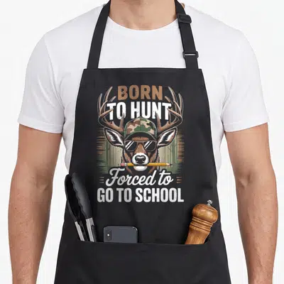 Deer camo apron - Cartoon deer with sunglasses hat and pencil holding born to hunt forced to go to school text — shown on a black cotton canvas apron against a white background