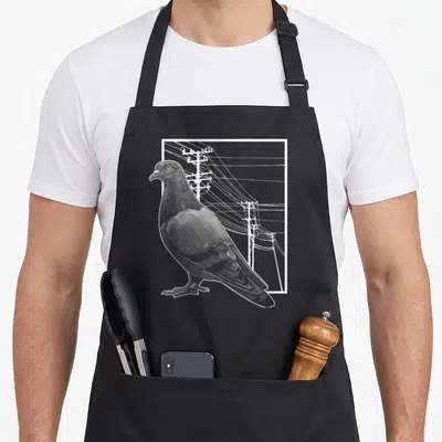 Pigeon breeder bird apron - White line-art pigeon standing in front of utility poles inside a rectangular border — shown on a black cotton canvas apron against a white background