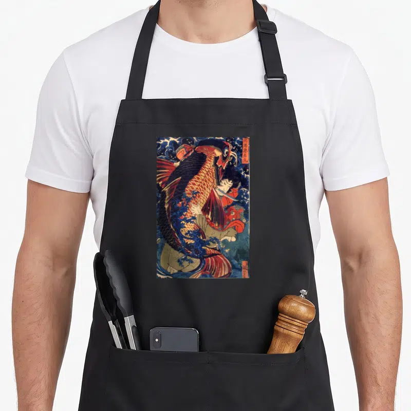 Fighting japanese carp apron - Koi fish leaping over person with crashing blue waves and vertical text — shown on a black cotton canvas apron against a white background