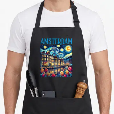 Amsterdam van gogh apron - Blue AMSTERDAM text above a square watercolor painting of a canal scene with tulips — shown on a black cotton canvas apron against a white background