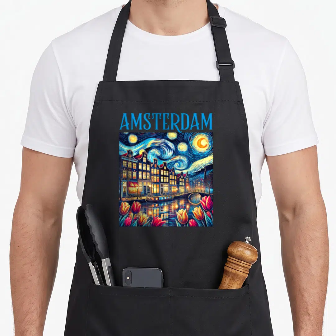 Amsterdam van gogh apron - Blue AMSTERDAM text above a square watercolor painting of a canal scene with tulips — shown on a black cotton canvas apron against a white background