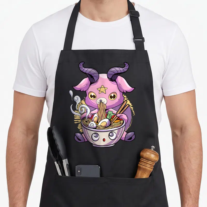 Pastel japan apron - Purple goat with yellow star eating ramen noodles with chopsticks — shown on a black cotton canvas apron against a white background