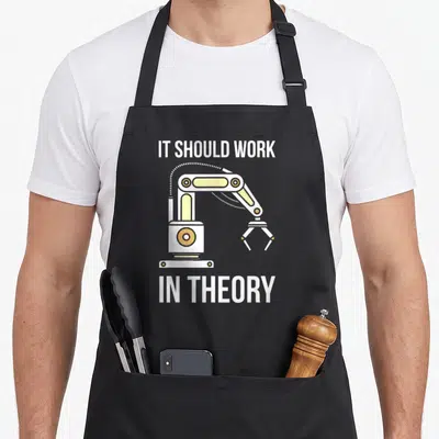 Should engineering apron - Cartoon robotic arm in white and yellow with IT SHOULD WORK IN THEORY text above and below — shown on a black cotton canvas apron against a white background