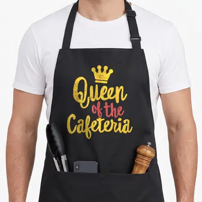 Queen lunch lady apron - Yellow Queen of the Cafeteria text with red of the and yellow crown graphic — shown on a black cotton canvas apron against a white background