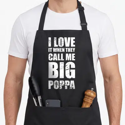 Call poppa father day apron - White distressed text reading I LOVE IT WHEN THEY CALL ME BIG POPPA stacked vertically — shown on a black cotton canvas apron against a white background