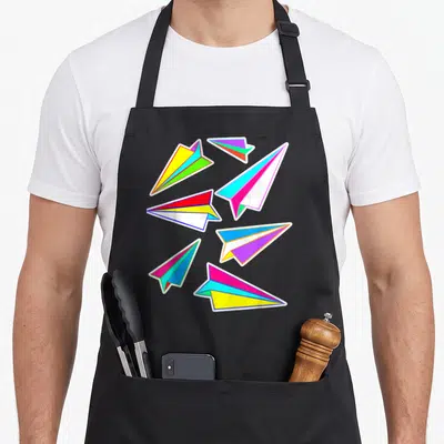 Paper pilot airplane apron - Six multicolored paper airplanes in blue pink yellow green orange and purple arranged — shown on a black cotton canvas apron against a white background