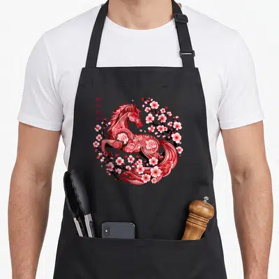 Funny lunar horse apron - Red and white line art horse with cherry blossoms and vertical Chinese text greeting — shown on a black cotton canvas apron against a white background