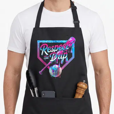 Baseball ice cream apron - Respect the Drip text over pink and blue dripping bat and ball inside home plate outline — shown on a black cotton canvas apron against a white background