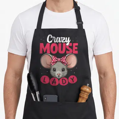 Mouse hair color apron - Cartoon mouse head with pink bow and stacked text Crazy Mouse Lady in pink and grey circles — shown on a black cotton canvas apron against a white background