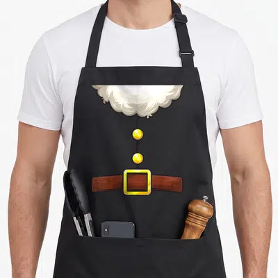 Elf halloween apron - Cartoon brown belt with gold buckle, two yellow bells, white fluffy cloud trim on black bib apron — shown on a black cotton canvas apron against a white background