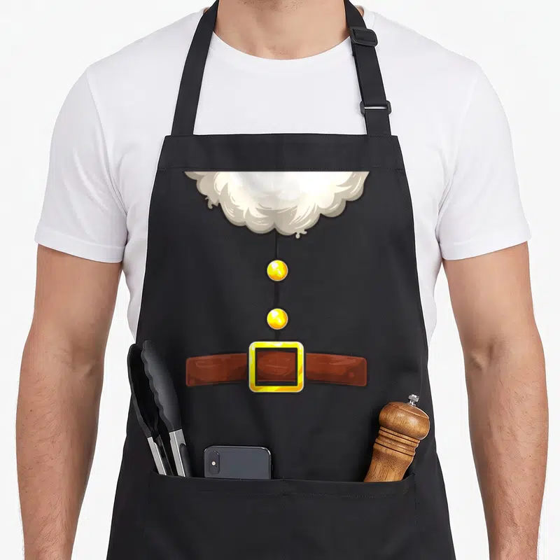 Elf halloween apron - Cartoon brown belt with gold buckle, two yellow bells, white fluffy cloud trim on black bib apron — shown on a black cotton canvas apron against a white background