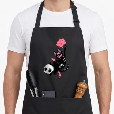 Kawaii black cat apron - Floating black cat with pink wings holding white skull reaching for pink ghost — shown on a black cotton canvas apron against a white background