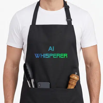 Whisperer geeky aprons - Stacked blue and green striped text reading AI WHISPERER on black fabric — shown on a black cotton canvas apron against a white background