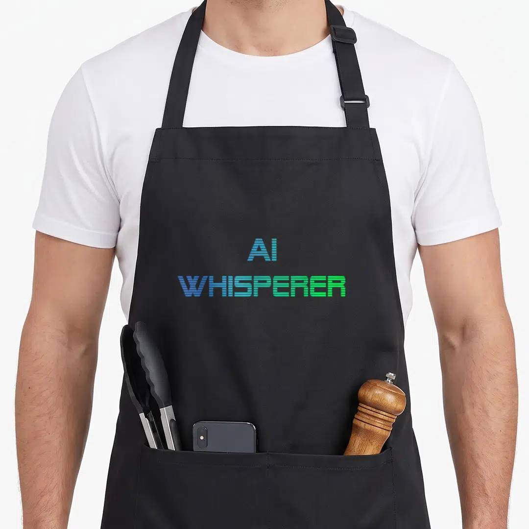 Whisperer geeky aprons - Stacked blue and green striped text reading AI WHISPERER on black fabric — shown on a black cotton canvas apron against a white background