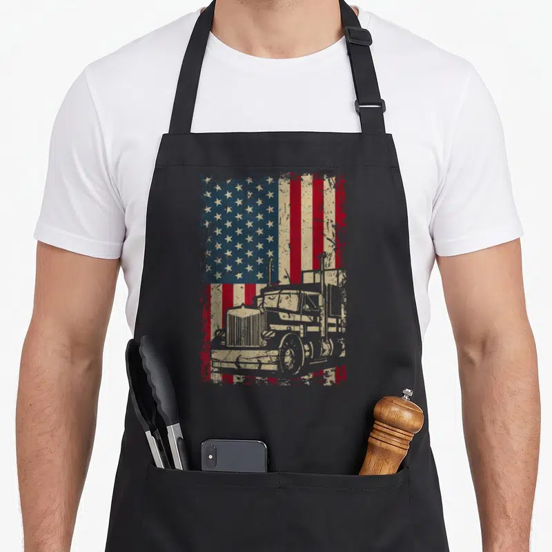 Driver flag truck apron - Distressed American flag with superimposed semi-truck silhouette in red white blue beige — shown on a black cotton canvas apron against a white background