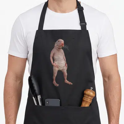 Live weird aprons - Pink naked mole rat standing upright with visible whiskers and claws — shown on a black cotton canvas apron against a white background