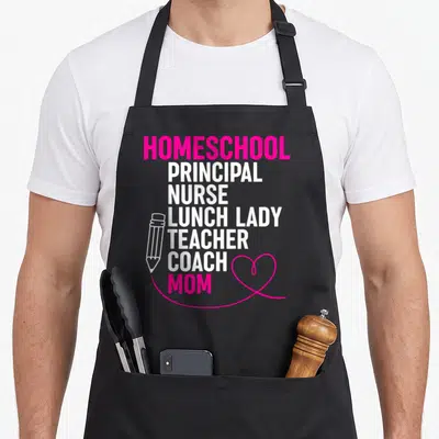 Funny homeschool apron - Stacked text listing Principal Nurse Lunch Lady Teacher Coach Mom with pink pencil drawing — shown on a black cotton canvas apron against a white background