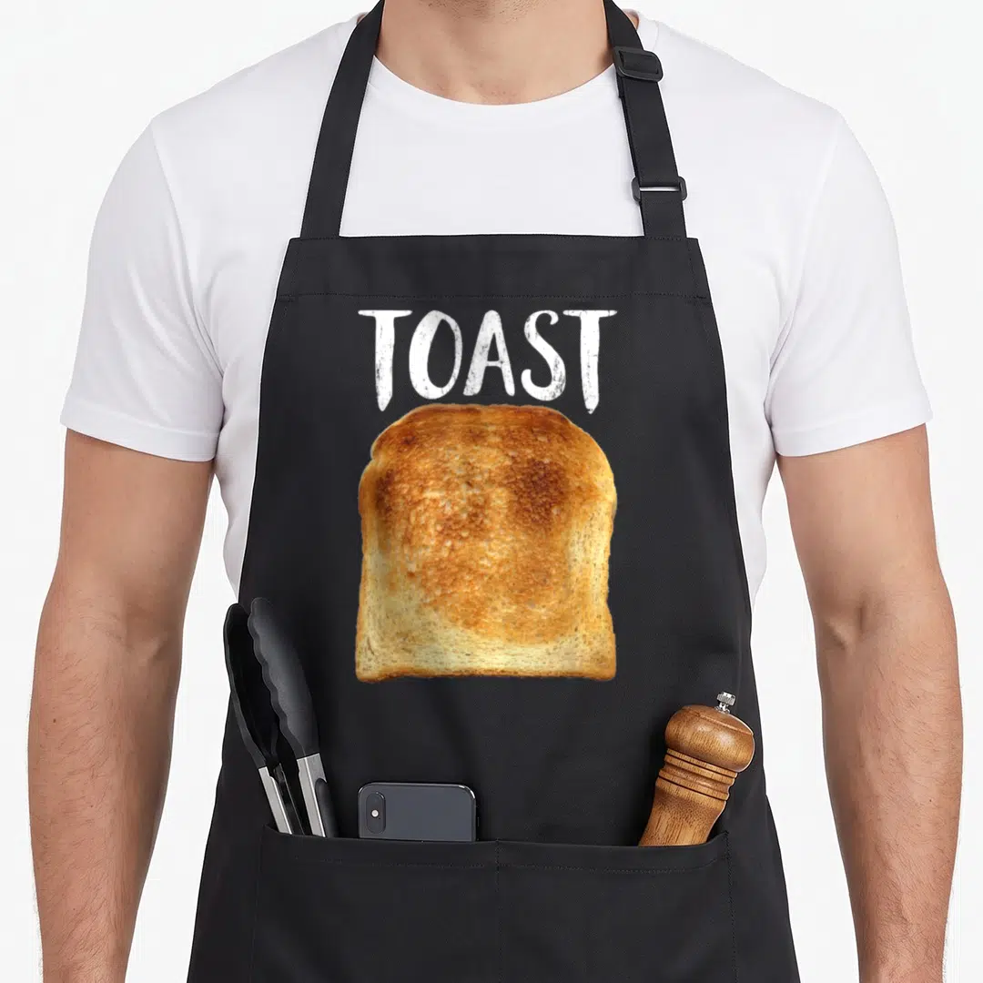 Costume toast apron - Arched white TOAST text above a single golden brown slice of toasted bread — shown on a black cotton canvas apron against a white background