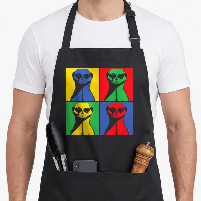Funny animal meerkat apron - Four square panels showing stylized meerkat heads in yellow, red, green, blue, and grey — shown on a black cotton canvas apron against a white background