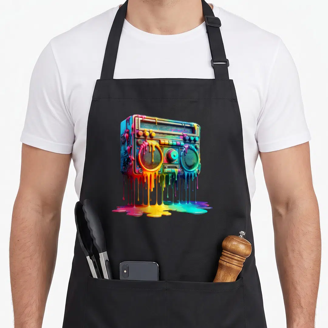 Dripping paint apron - Multicolored cartoon boombox with pink, yellow, blue, green, and purple dripping paint forming — shown on a black cotton canvas apron against a white background