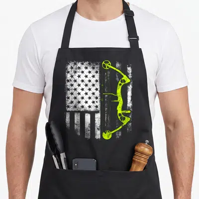 Archery bow apron - Lime green compound bow over distressed white USA flag graphic — shown on a black cotton canvas apron against a white background