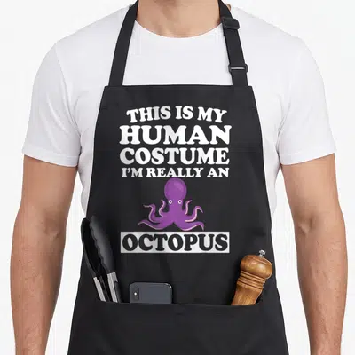 Ocean i love my octopus apron - Purple cartoon octopus with white text THIS IS MY HUMAN COSTUME I'M REALLY AN OCTOPUS — shown on a black cotton canvas apron against a white background