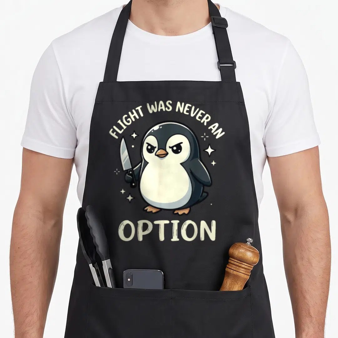 Funny flight never option apron - Cartoon penguin holding a knife with text Flight Was Never An Option — shown on a black cotton canvas apron against a white background