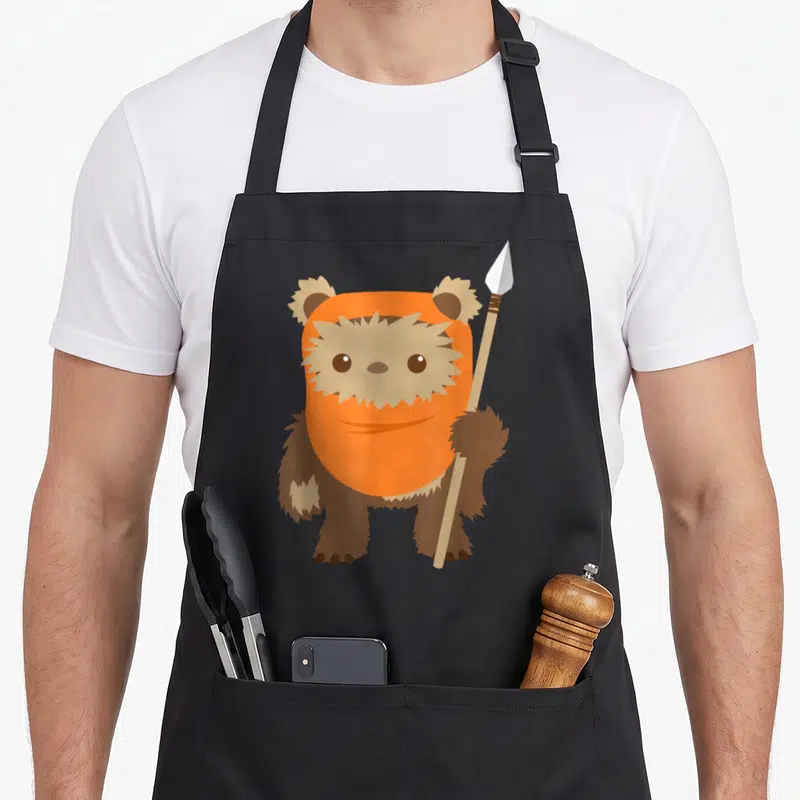 Wicket kawaii apron - Cartoon bear in orange hood holding a wooden spear — shown on a black cotton canvas apron against a white background