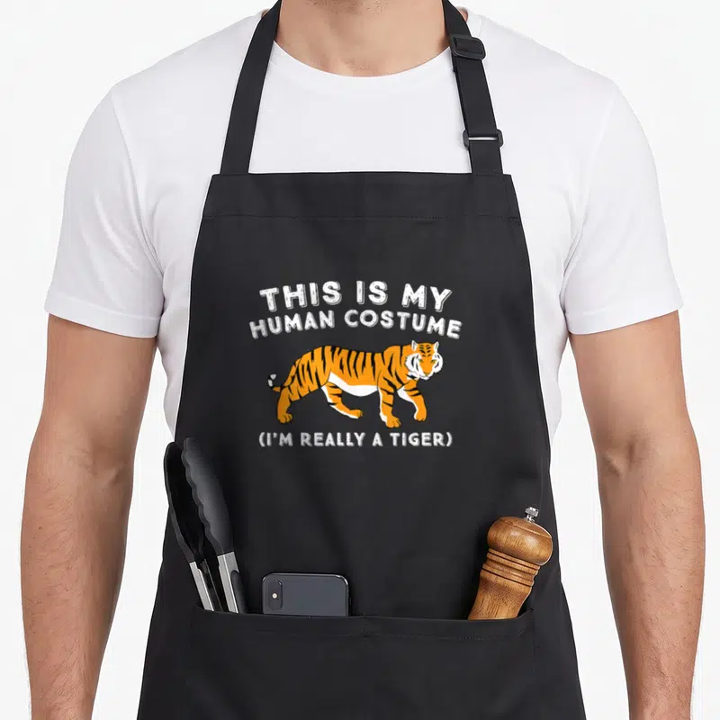 Human tiger apron - Cartoon tiger illustration with text THIS IS MY HUMAN COSTUME I'M REALLY A TIGER — shown on a black cotton canvas apron against a white background