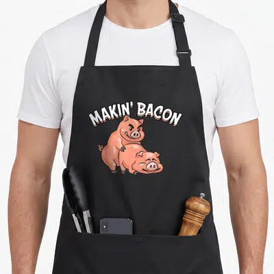 Bacon making an apron - Arched MAKIN BACON text above standing and lying pink cartoon pigs — shown on a black cotton canvas apron against a white background