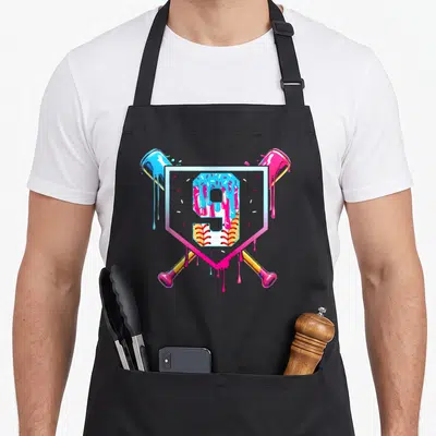 Drip 9th ice cream apron - Number 9 in home plate shield with paint drips and baseball stitching — shown on a black cotton canvas apron against a white background