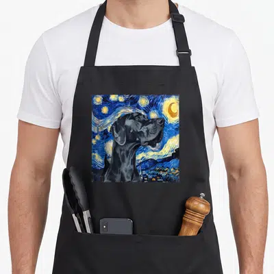 Dane van gogh apron - Black Great Dane profile against swirling blue starry night sky with yellow moon and village — shown on a black cotton canvas apron against a white background