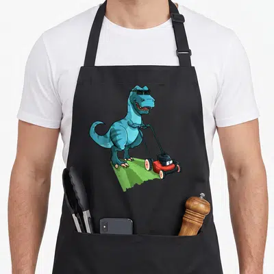Mower t-rex apron - Blue cartoon dinosaur wearing sunglasses pushing red lawnmower on green grass patch — shown on a black cotton canvas apron against a white background