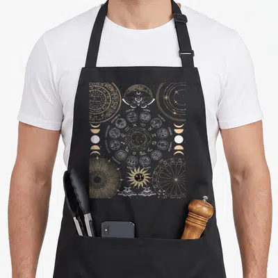Dark astrology apron - Beige zodiac wheel with moths, constellations, and moon phases in line art — shown on a black cotton canvas apron against a white background