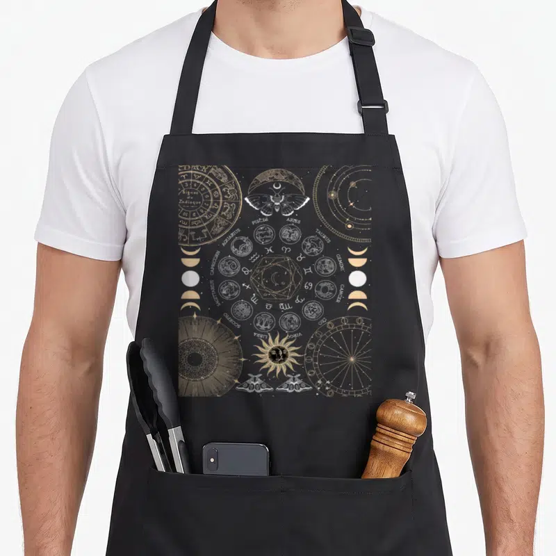Dark astrology apron - Beige zodiac wheel with moths, constellations, and moon phases in line art — shown on a black cotton canvas apron against a white background