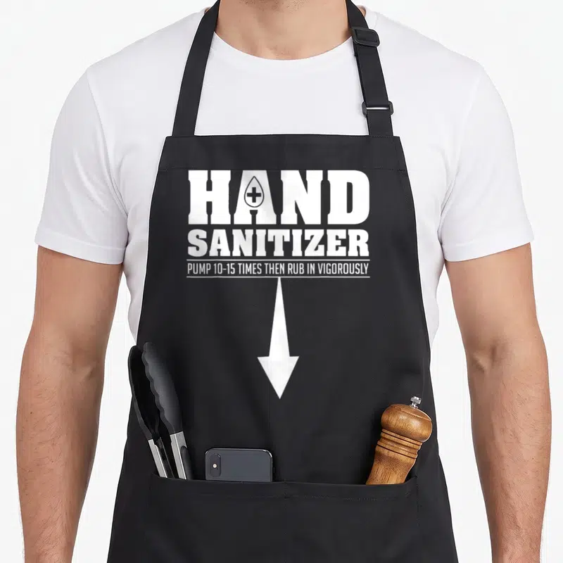 Hand the dirty apron - White text reading hand sanitizer pump 10-15 times then rub in vigorously with a downward arrow — shown on a black cotton canvas apron against a white background