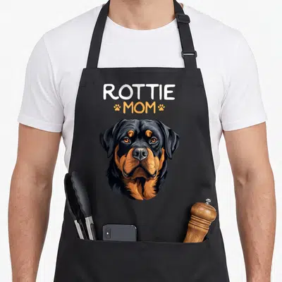 Rottie dog apron - Cartoon Rottweiler head below ROTTIE MOM text with two orange paw prints — shown on a black cotton canvas apron against a white background