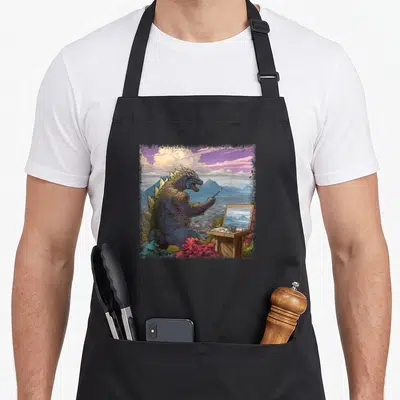 Kaiju painting apron - Realistic Godzilla sitting in colorful bushes painting a cityscape on an easel — shown on a black cotton canvas apron against a white background