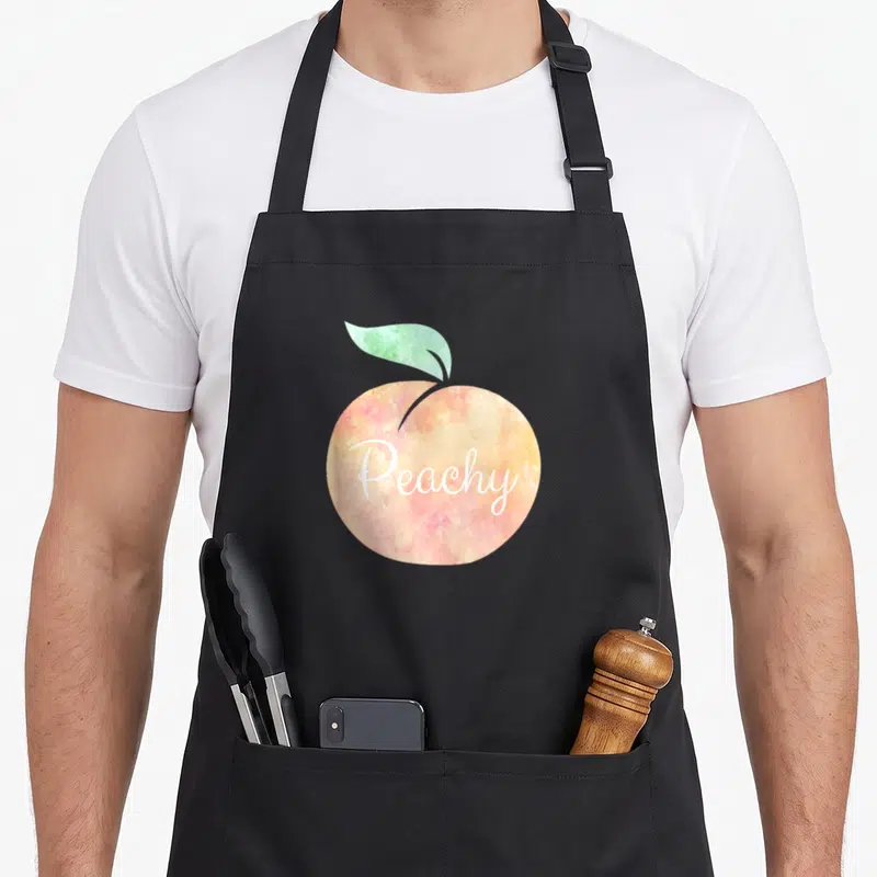 Peachy peaches apron - Watercolor peach in orange and pink with green leaf and white Peachy script text — shown on a black cotton canvas apron against a white background