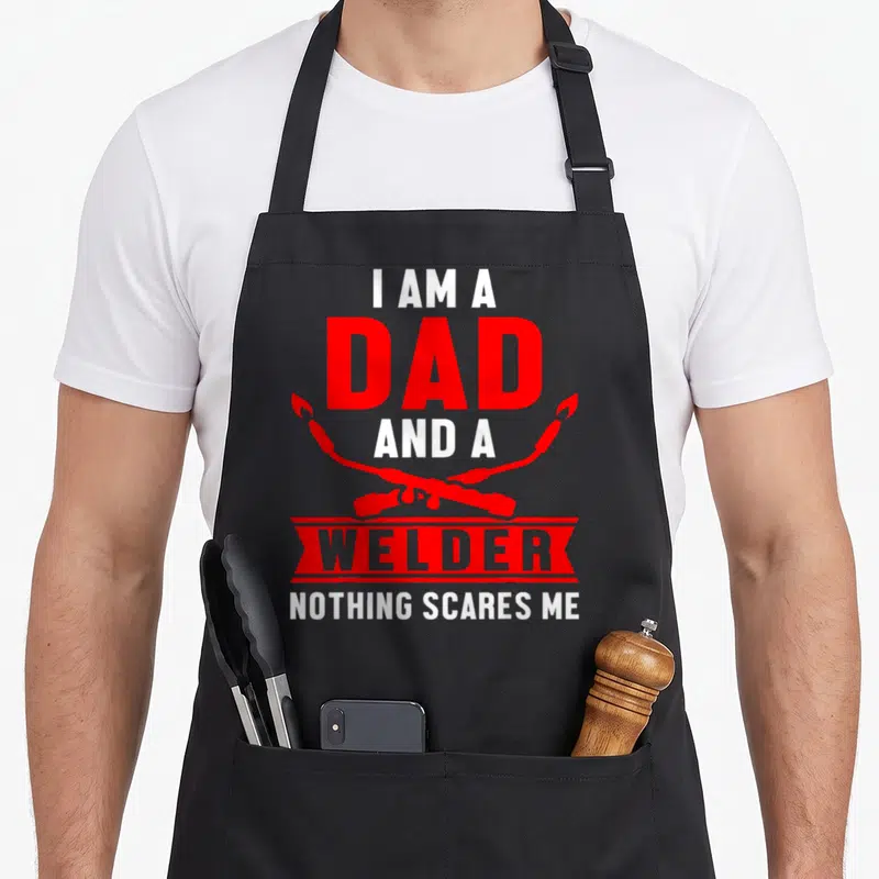 Welder engineering apron - Red and white stacked text I AM A DAD AND A WELDER NOTHING SCARES ME with two crossed — shown on a black cotton canvas apron against a white background