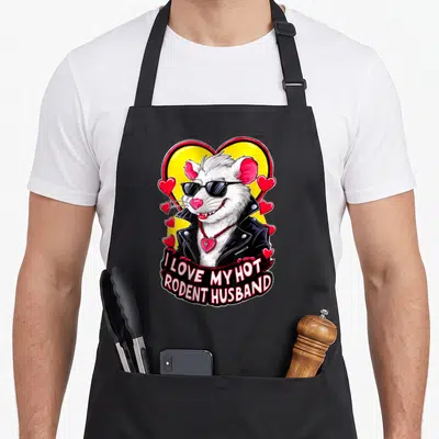 Hot rodent rat husband apron - Cartoon rat in leather jacket and sunglasses inside yellow heart with text — shown on a black cotton canvas apron against a white background