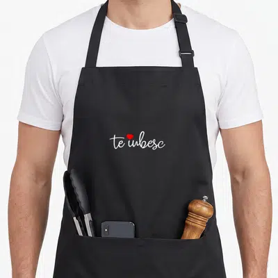 Funny iubesc romanian apron - White te iubesc script text with a central red heart on grey background — shown on a black cotton canvas apron against a white background