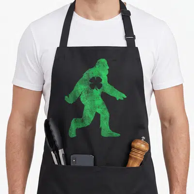Sasquatch st patrick day aprons - Green distressed bigfoot silhouette with shamrock on chest — shown on a black cotton canvas apron against a white background