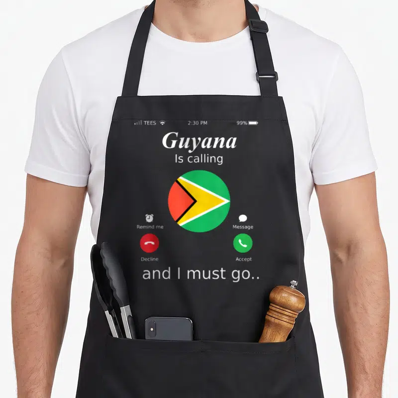 Calling guyana apron - Smartphone screen graphic with Guyana flag and call interface text Accept and Decline — shown on a black cotton canvas apron against a white background