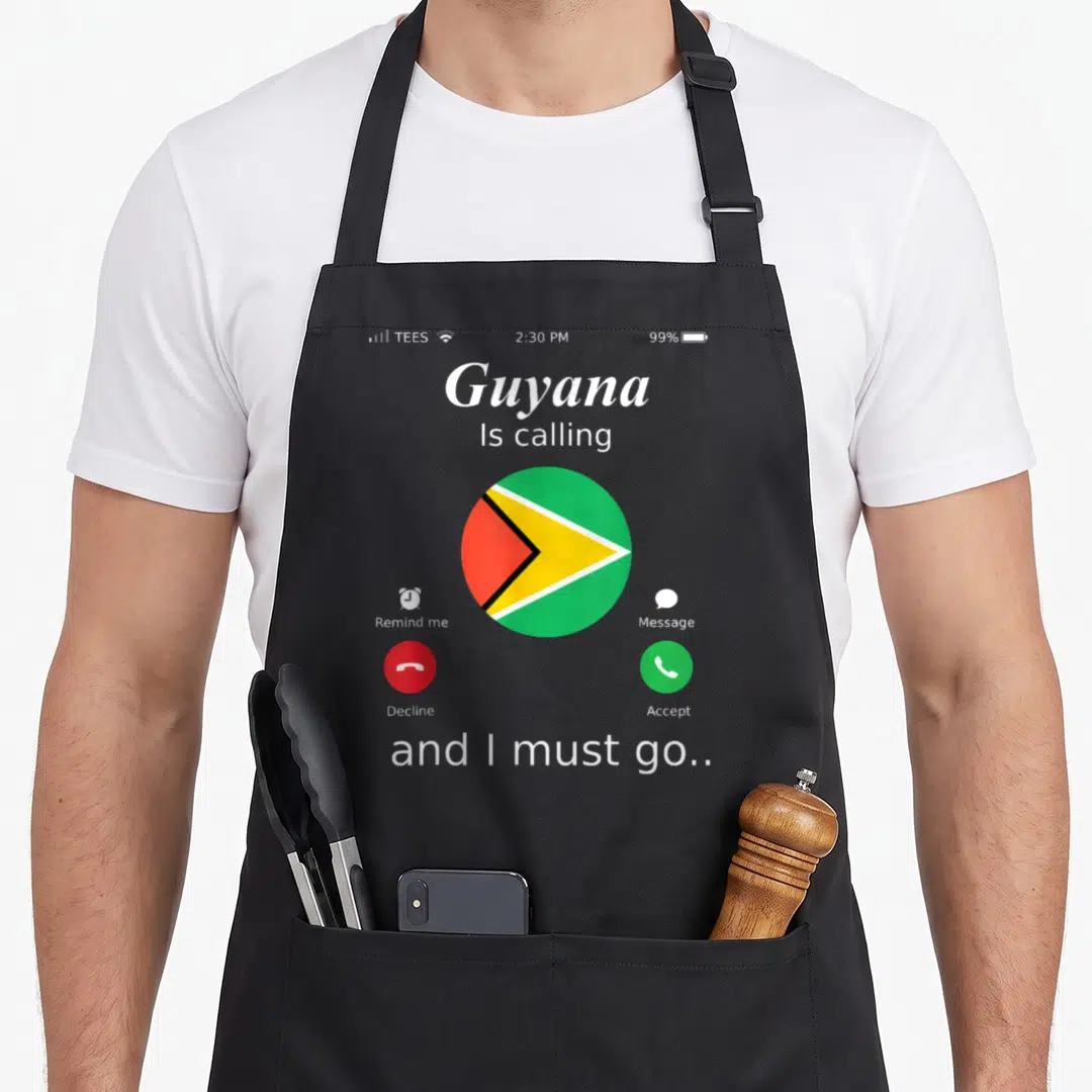 Calling guyana apron - Smartphone screen graphic with Guyana flag and call interface text Accept and Decline — shown on a black cotton canvas apron against a white background